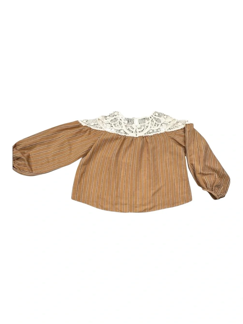 Zara Tan Pinstripe Blouse with White Crochet Yoke